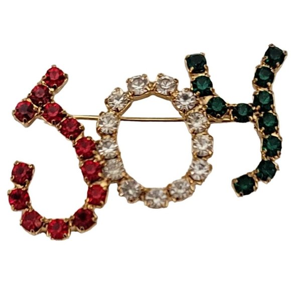 Gold Tone Red Green Clear Prong Rhinestone JOY Brooch Pin K827 - Picture 7 of 7
